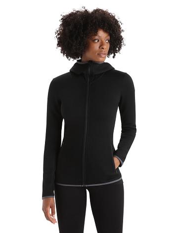 Dámské Bundy Icebreaker RealFleece™ Merino Elemental Long Sleeve Zip Hood Černé | CZ 1302FDNM